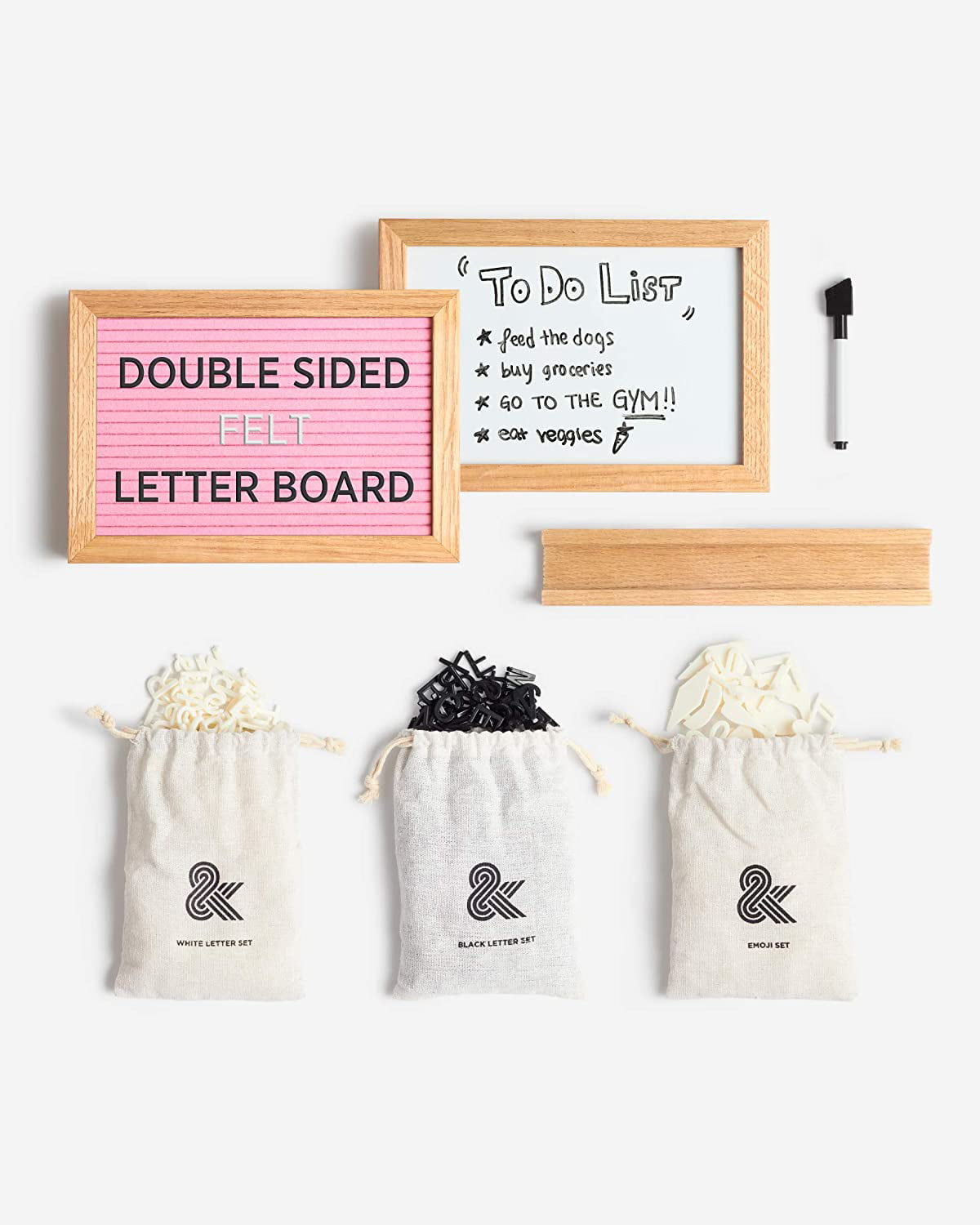 Oak Frame with Stand Black Felt Side, 320 White and Yellow Letters Felt Letterboard Plus Whiteboard Double Sided 2in1 Message Board Dry Erase Marker 320 Letters and Large Emoji in 3 Canvas Bags 
