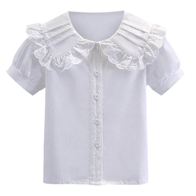 Odeerbi Camisa de Vestido de Algodón de Las Niñas Flor Bordado de Manga Corta Uniforme de La Escuela Con Bolsillo