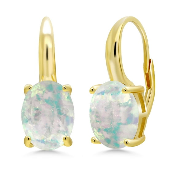 Gem Stone King 4.00 Ct Oval Cabochon White Simulated Opal 18K Yellow Gold Plated Silver Earrings