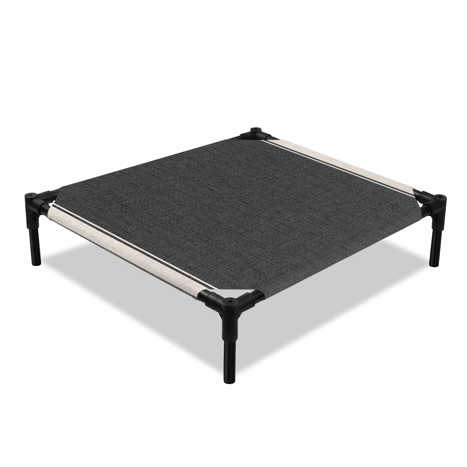 Woven Fabric Elevated Dog Bed Rustic Vintage Beige Stripe Charcoal Linen Texture Cooling Breathable Outdoor Raised Dog Cot Bed with Metal Frame Non-Slip Feet for Small Dog 20x20in