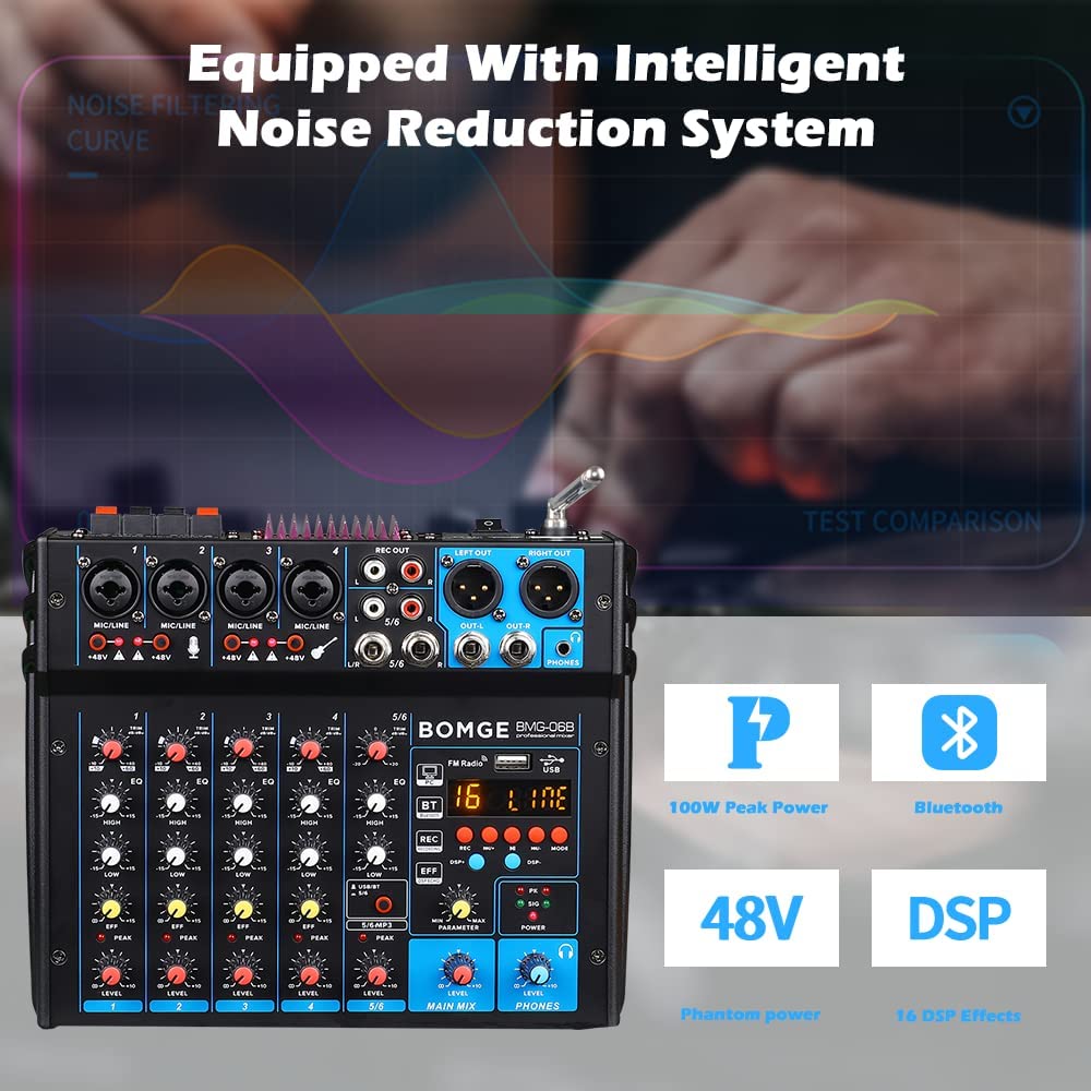 BOMGE 6 Channel dj powered audio sound mixer amplifier,100 W Stereo Speaker Home Audio Receiver effects, 48V phantom Power, USB, Bluetooth ，for home theater system, Karaoke, Streaming