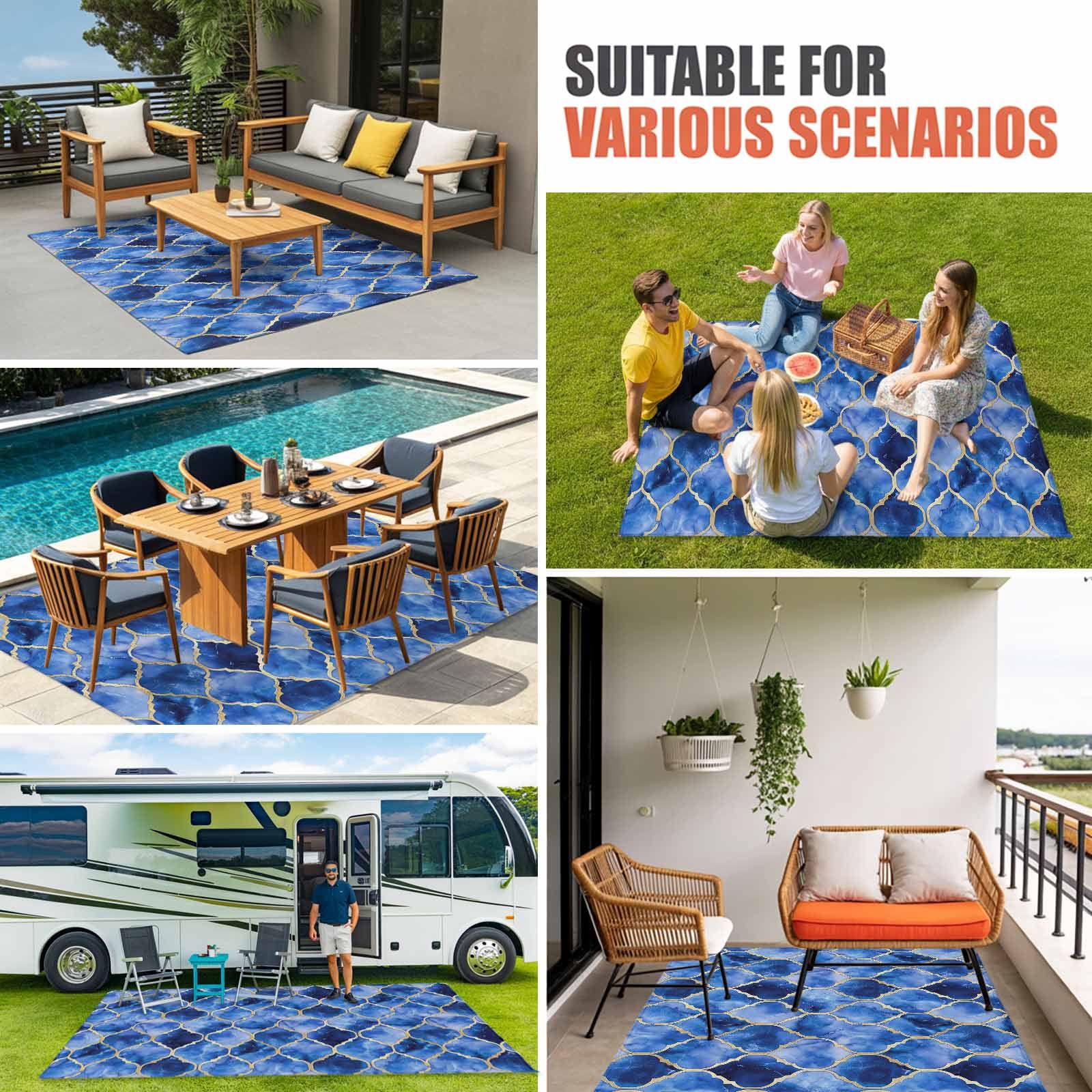 Outdoor Rug 3x5 ft Peacock Blue White Marble Outdoor Large Area Rug Non Slip Rubber Lattice Modern Art Front Door Mat RV Rug Camping Carpet Patio Outdoor Rugs for Backyard Balcony Deck Porch Indoor