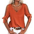 thumbnail image 3 of Summer V-neck Women Solid Color Off Shoulder Casual Shirt Bownot Blouse Tops, 3 of 4
