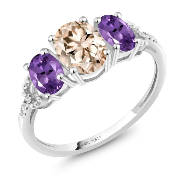Gem Stone King 10K White Gold 3-Stone Diamond Engagement Ring 1.57 Ct Oval Peach Morganite Purple Amethyst (Size 6)
