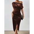 thumbnail image 6 of Mocha Brown Womens Mid-Length Off Shoulder Fitted Velvet Dress With Side Slit, 6 of 6