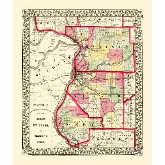 Historic County Map- Madison St Clair Monroe Illinois - Campbell 1870 - WallArt