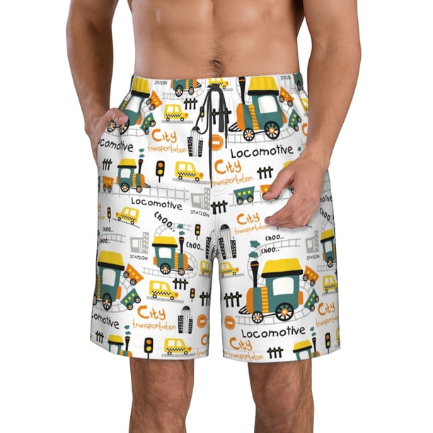 Balery Transportation Cartoon Traje de Baño Estilo Hawaiano para Hombre, Shorts de Secado Rápido con Bolsillos-Medium
