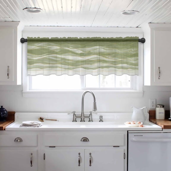 Sage Green Ombre Valance Curtains for Kitchen/Living Room/Bathroom/Bedroom Window, Modern Moire Abstract Art Luxury Rod Pocket Small Topper Half Short Window Curtains Voile Sheer Scarf 60"x18"