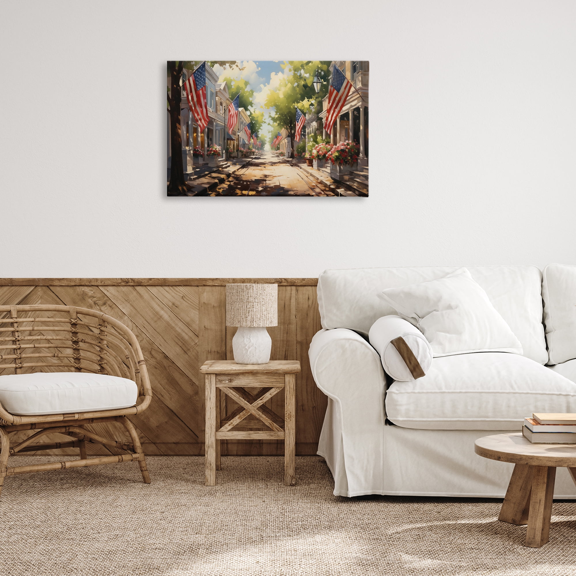 Stupell Industries American Flag Lined Street Scenic & Cityscapes Painting Wrapped Canvas Art Print Wall Art, 30 x 20