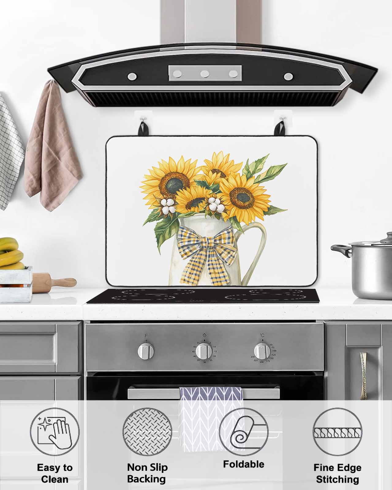 nqOlkjepod Large Induction Cooktop Protector Mat 31"x24", Summer Sunflowers Stove Top Covers for Electric Stove, Spring Botanical Flowers Floral Bow Stove Burner Cover Mats, Glass Top Stove Cover
