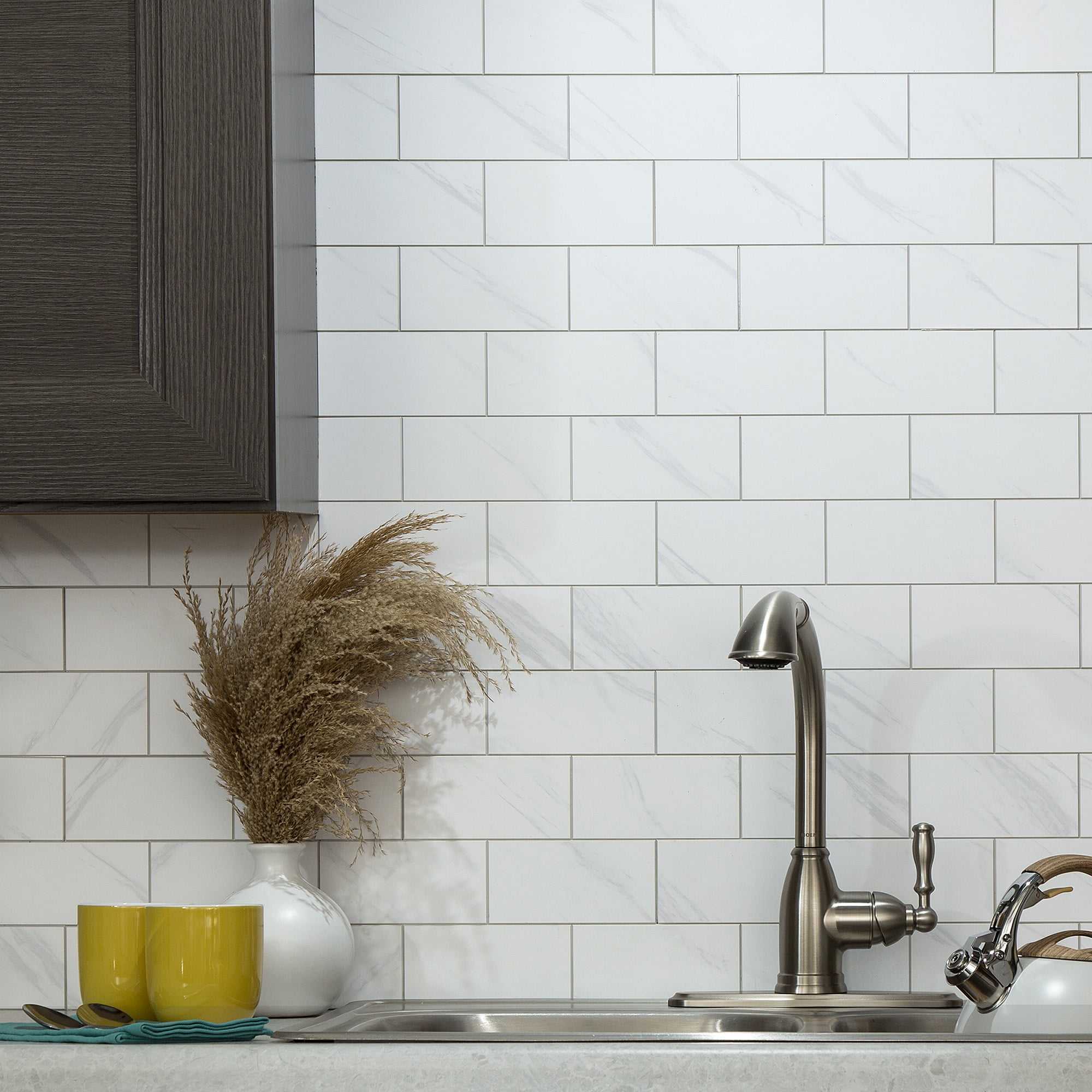 Aspect Collage 14.9in x 11.75in Peel and Stick Backsplash in Carrara Subway (5-Pack)