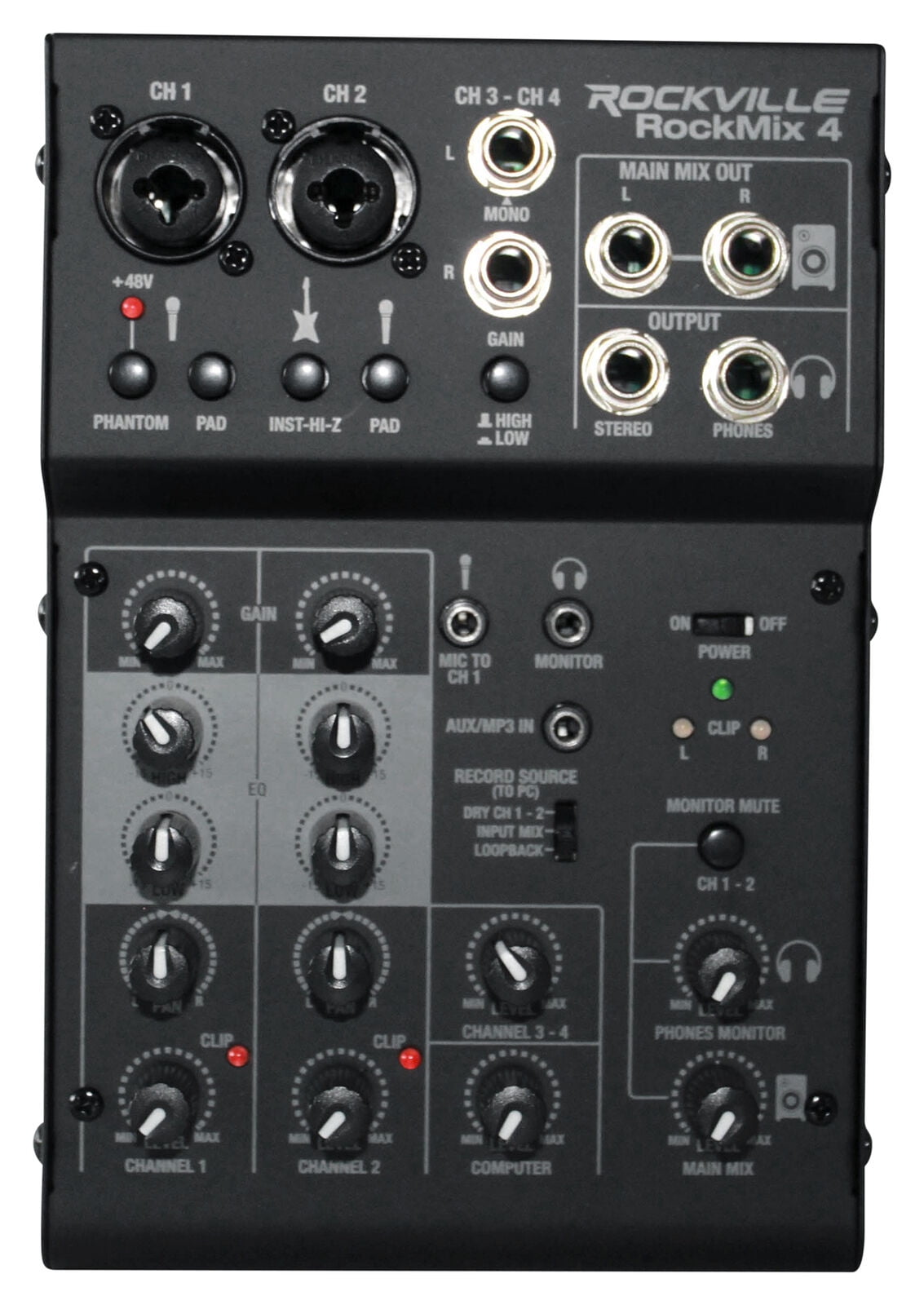 Rockville RockMix 4 Channel Mic/Instrument Pro Recording Mixer+USB
