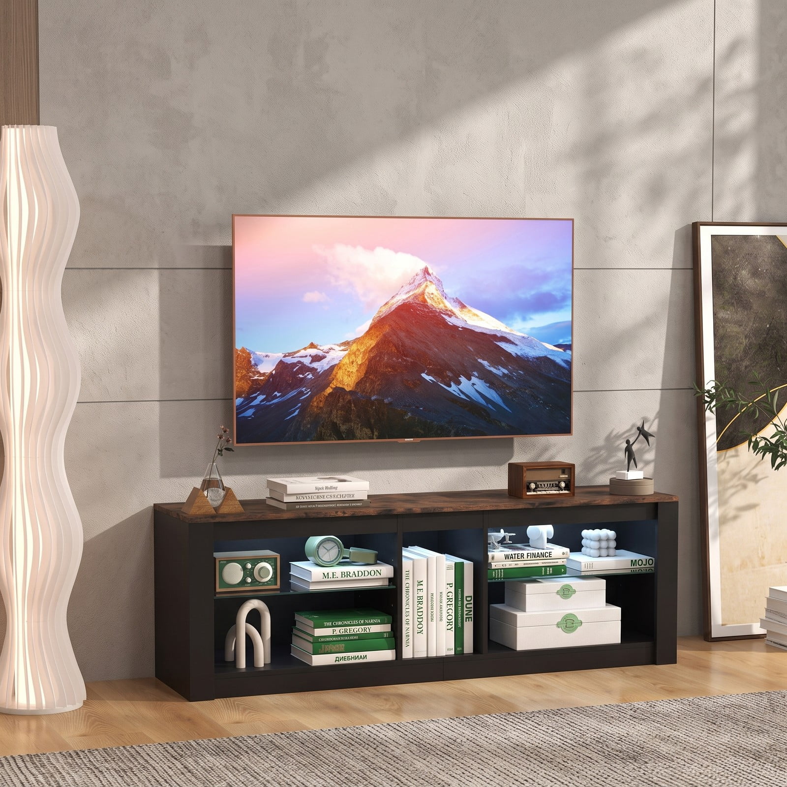 Furnibear Modern LED TV Stand for TVs up to 65 inch, Wood Entertainment Center with Adjustable Tempered Glass Shelves, Cable Management and Open Storage, Brown