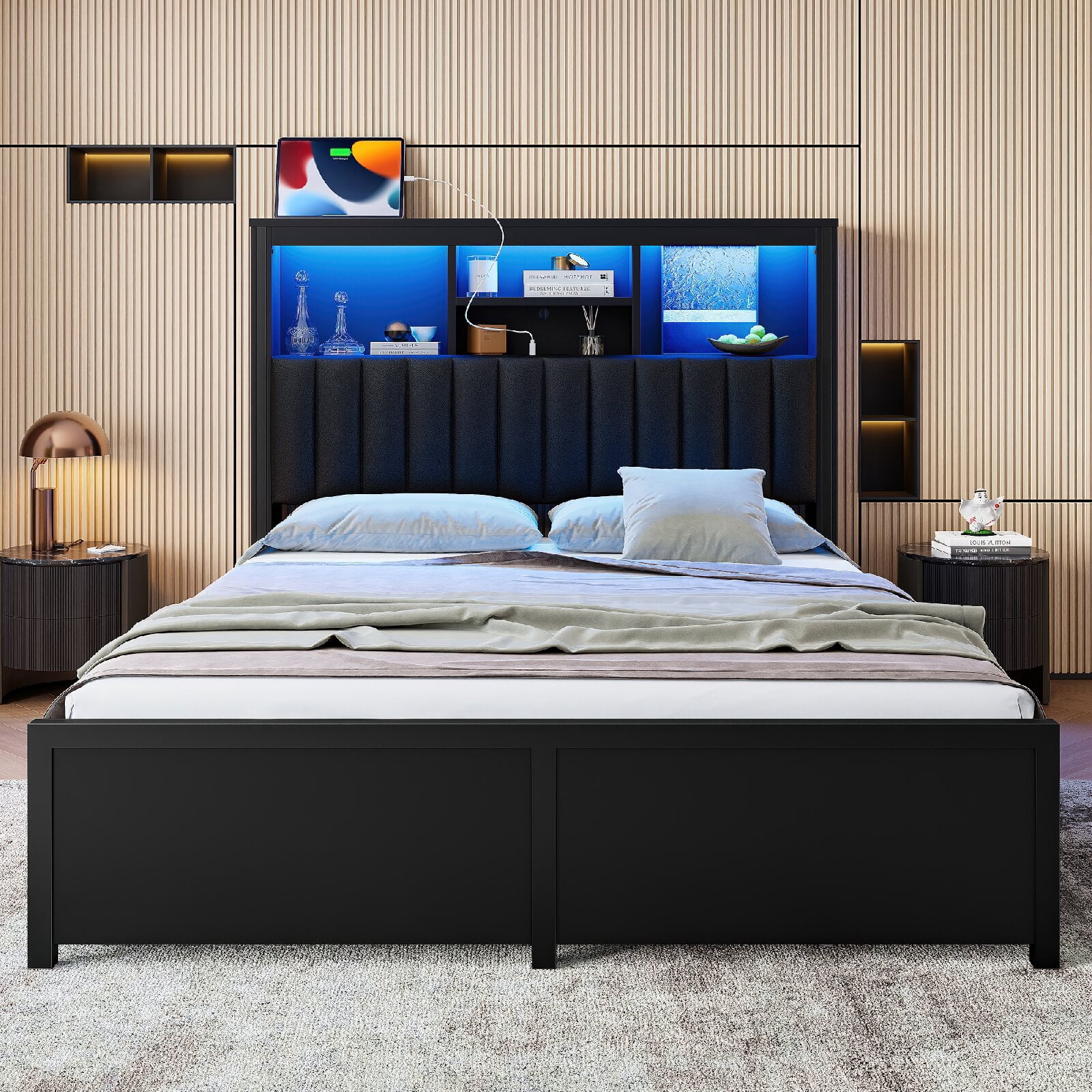 Queen Size Bed Frame with High Storage Headboard and Charging Station, All-Metal Support Bed Frame with LED light and  4 Storage Drawers for Bedroom, Apartment, Mattress not included, Black