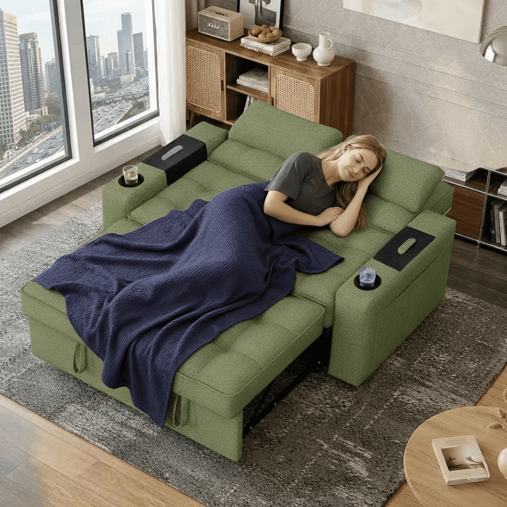 Howcool 58'' Convertible Sofa Bed with Pull-Out Bed, 3-in-1 Loveseat Sleeper Sofa, Adjustable Backrest, USB Port, Cup Holders and Side Pocket, Sofa Couch for Living Room,Green