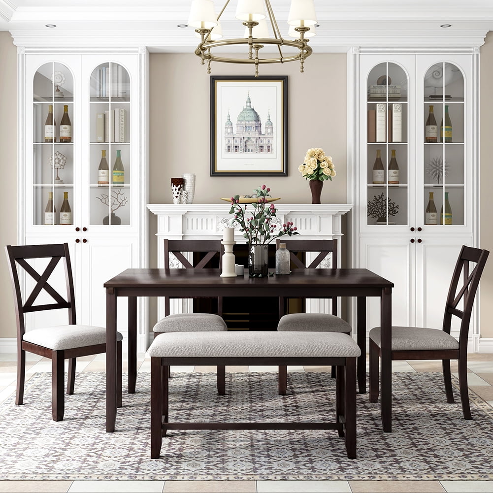 Private Jungle 6-Piece Kitchen Dining Table Set Wooden Rectangular Dining Table,4 Dining Chair and Bench Family Furniture(Espresso) Private Jungle 6-Piece Kitchen Dining Table Set Wooden Rectangular Dining Table,4 Dining Chair and Bench Family Furniture(Espresso)
