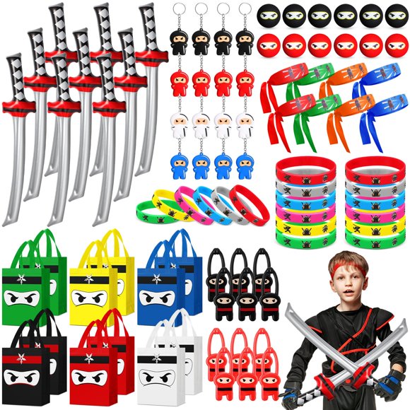 Seenelling 12 Invités 84 Pcs Cadeaux de Fête Ninja Incluent Sacs Non Tissés Ninja Jouets Gonflables Balles Rebondissantes Lancer Lancer Lancer Lancer Tirant Serre-Tête Bandeaux en Silicone Porte-Clés pour Par