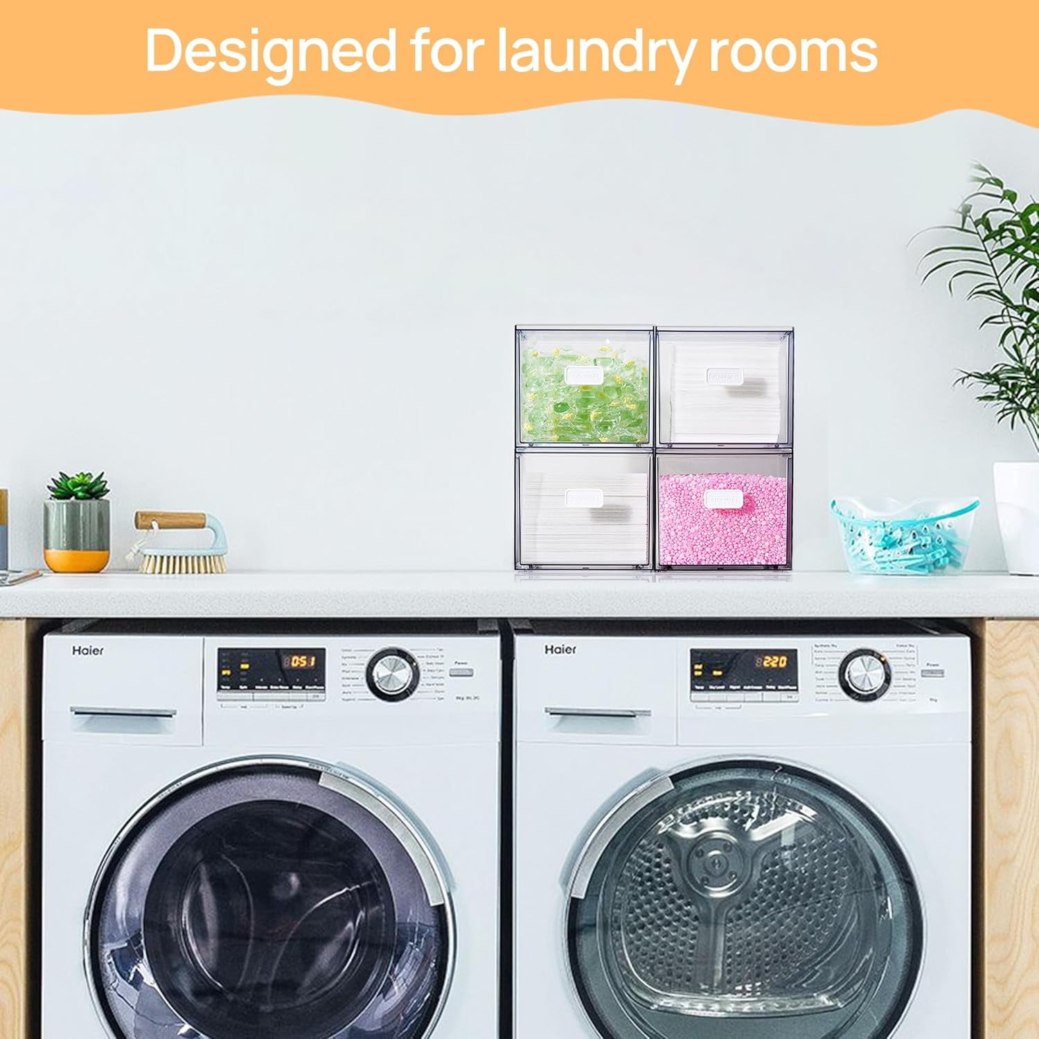 2 Pack Dryer Sheet Holder and Laundry Pods Container,Clear Stackable Storage Drawers for Washing Powder, Scent Booster Beads, Color Catchers & Wool Bs, Ideal for Laundry Room Organization