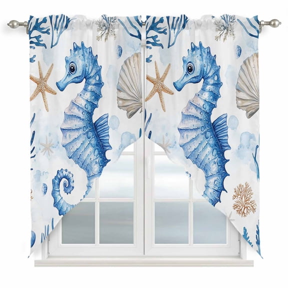 Seahorse Coastal Kitchen Window Curtains, Swag Curtains Valance for Bedroom Living Room Bathroom, Summer Beach Starfish Coral Nautical Rod Pocket Window Curtain Block Drapes 2 Panels 28"x36"