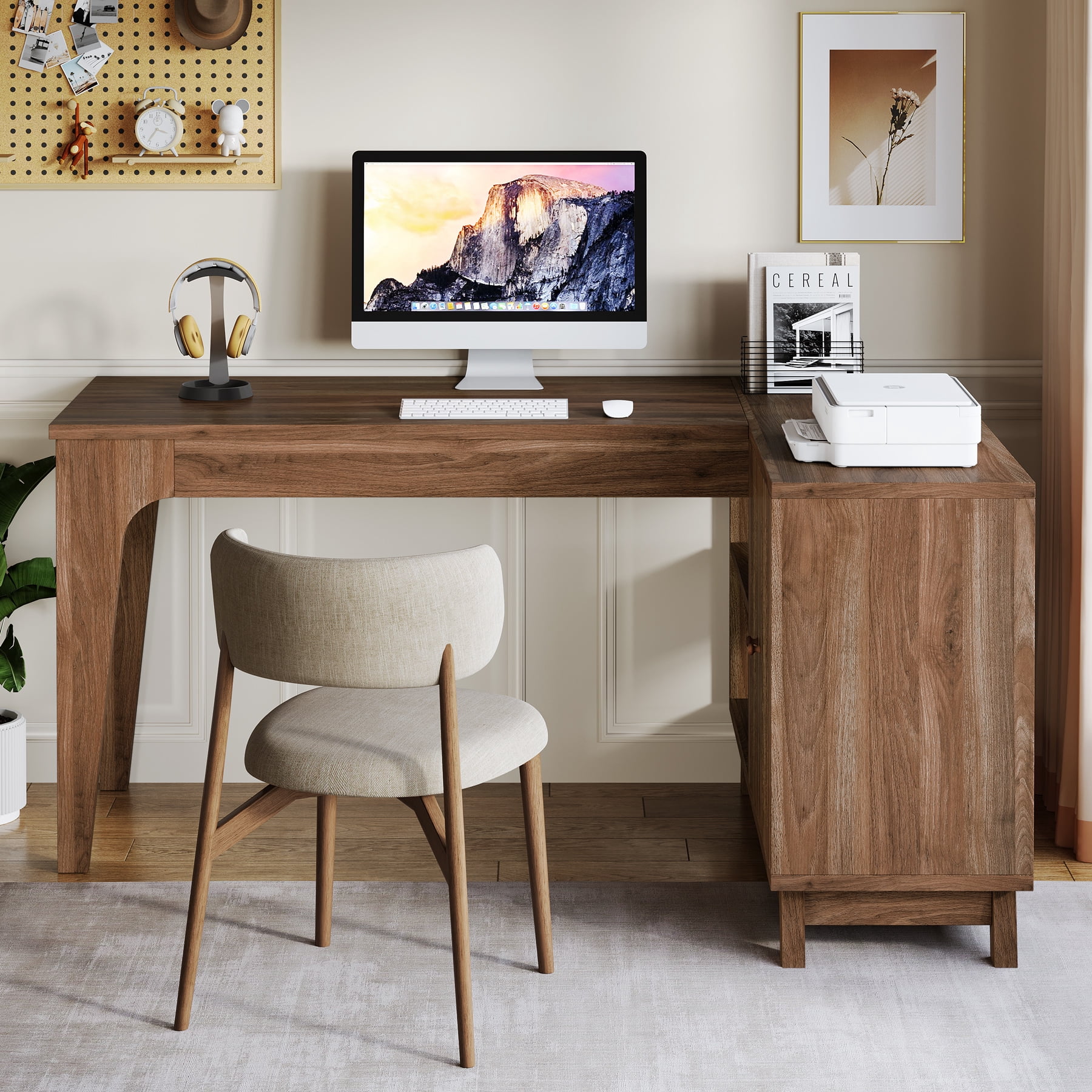 Tribesigns 57-Inch Wood L-Shaped Corner Computer Desk for Home Office, Walnut
