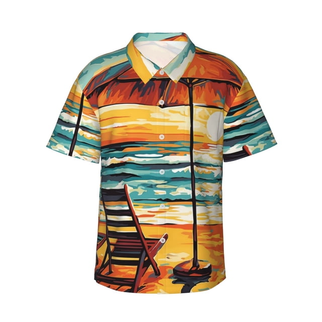 Fotbe Beach Umbrella Sunset Camisa Hawaiana para Hombre Unisex – Camisa Casual de Verano con Botones de Manga Corta de Algodón y Lino,Large