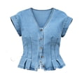 thumbnail image 6 of Women's Denim Vest Trendy Cap Sleeve V Neck Button Down Jean Vest Tops for Summer Crop Waistcoat Light Blue, 6 of 6
