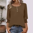 thumbnail image 2 of Women Shirts 3/4 Sleeve Crewneck Tunic Tops Button Solid Color Dressy Casual Ruffle Sleeve Shirt Business Blouses S-2XL, 2 of 6