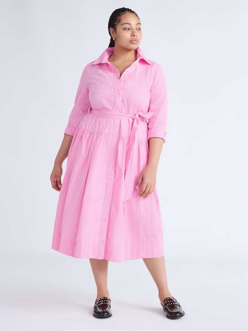 free assembly pink dress Free Assembly Women's and Women’s Plus Belted Cotton Maxi Shirtdress with  Long Sleeves, Sizes XS-4X