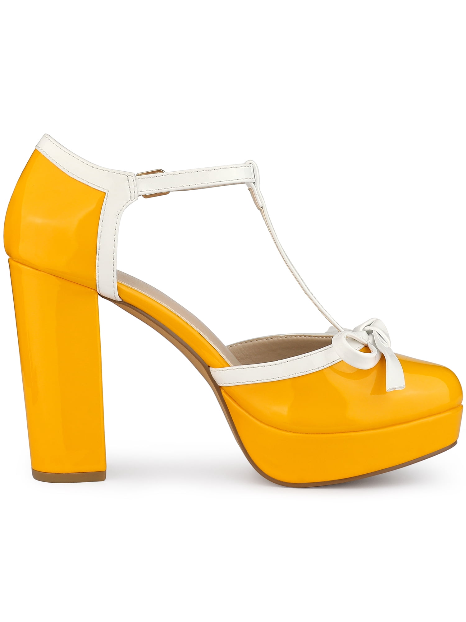 DARING DIVA Women's Platform Bow T Strap Chunky Heels Pumps Yellow 11