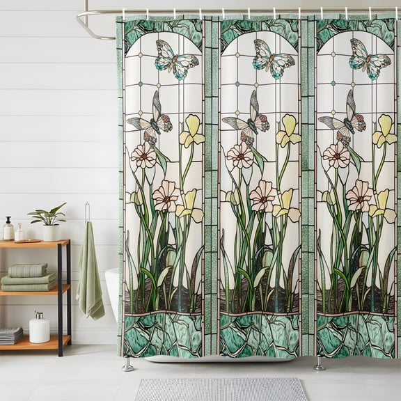 Shower Curtains for Bathroom, Green Spring Botanical Waterproof Fabric Shower Curtain, Summer Butterfly Vintage Decorative Bathroom Curtain for Bathtub, 72"x78", No Hooks Included