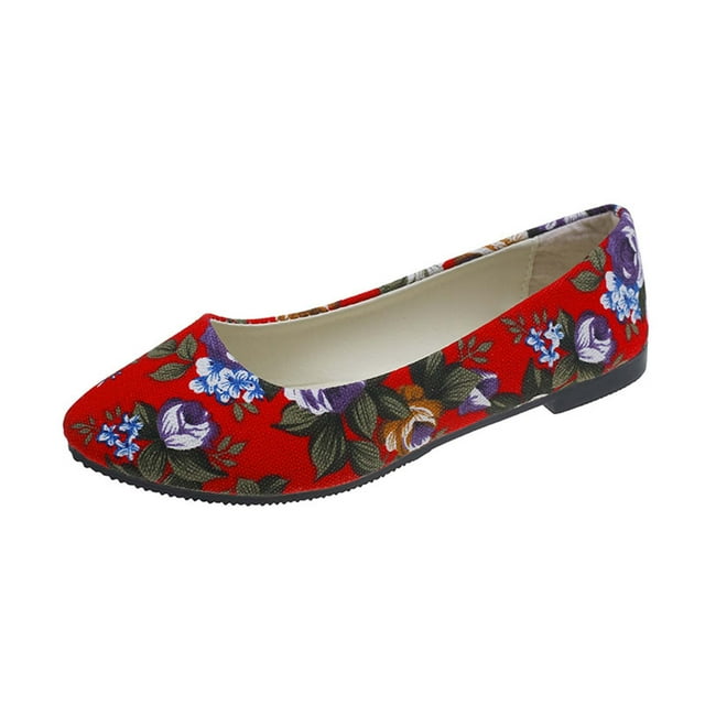 Womens Casual Shoes Rose Flower Multicolor Flat Bottom Soft Sole Pointy Toe Slip on Comfortable Breathable Canvas Single Shoes Spring and Summer New Slip on Flat Shoes Red