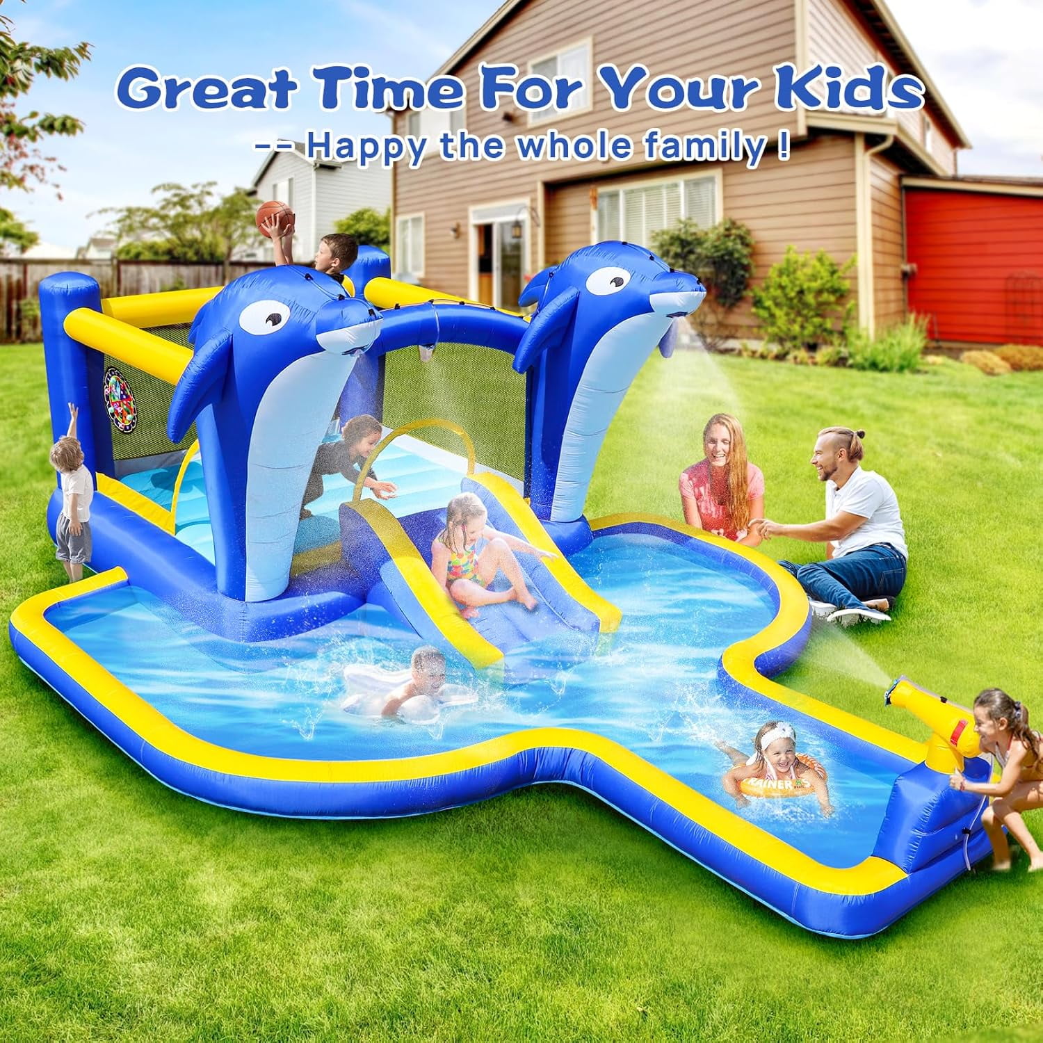 Inflatable Bounce House Water Park and Slide for Kids Ages 8-12,Blow Up Water Slides for Backyard,Outdoor Bounce House with Dual Slides,Air Blower Included,Deep Pool,227 * 162 * 82