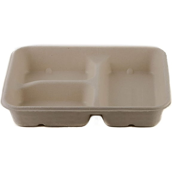 [125 Pack] 33 oz Compostable 3 Compartment Food Trays with Pulp Fiber Lids - Unbleached, Sugarcane,  Fiber, Heavy Duty, Microwavable, Biodegradable, Tree Free, Ecofriendly, Lunch Trays,Meal Prep