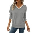 thumbnail image 4 of UVEASISHA Womens V Neck Sweaters Color Block Long Sleeve Knitting Cotton Tops Lightweight Pullover Sweaters Fall Fashion Outfits Gray S, 4 of 8