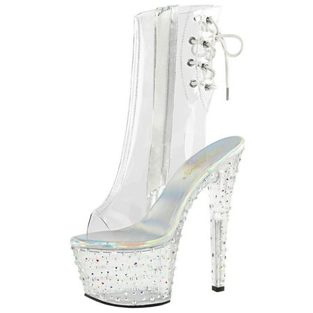 Womens High Heeled Boots Silver Rhinestone Shoes Clear Booties 7 Inch ...