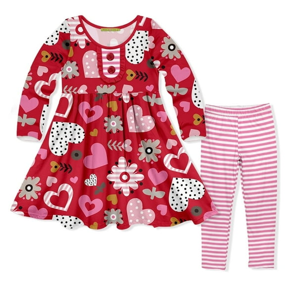 Millie Loves Lily Girls Valentine's Day Red Hearts and Flowers Long Sleeve Dress And Legging Set, Big Girls, Size 8, 2-PCS