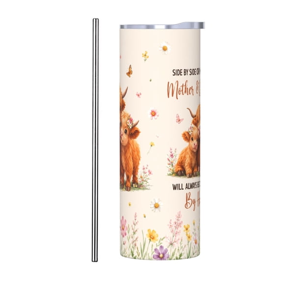 20oz Mother and Daughter Highland Cow Tumbler with Handle and Straw Floral Coffee Travel Cup Gift with Stainless Steel Straw