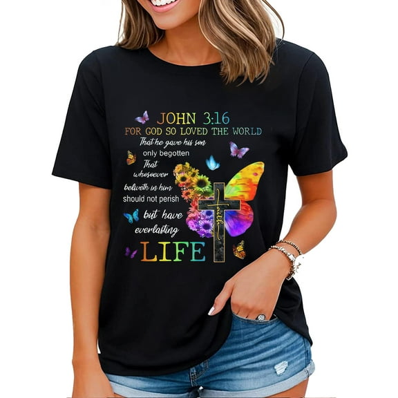 Bible Quotes Inspirational T-Shirt Faith Butterfly Graphic T Shirt for Women Black Large