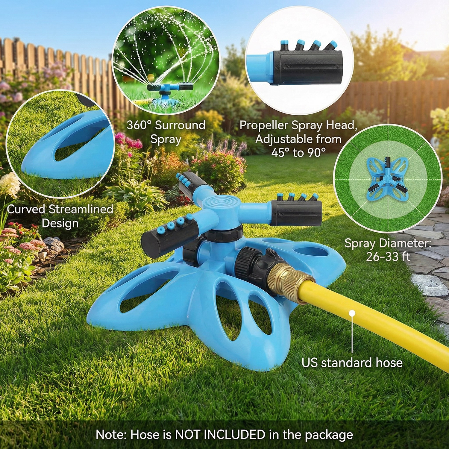 KOYMISKU 2 Pack Sprinkler for Yard, 360° Auto Rotating with Adjustable Spray, Large Area Coverage for Plant Irrigation