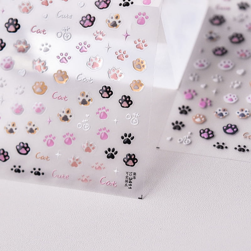 Cute Jelly Pink Cat Paw Print Nail Sticker Kawaii Pink Black Cat Claw 5D Embossed Self-Adhesive Nail Art Sticker Nail Art Decal