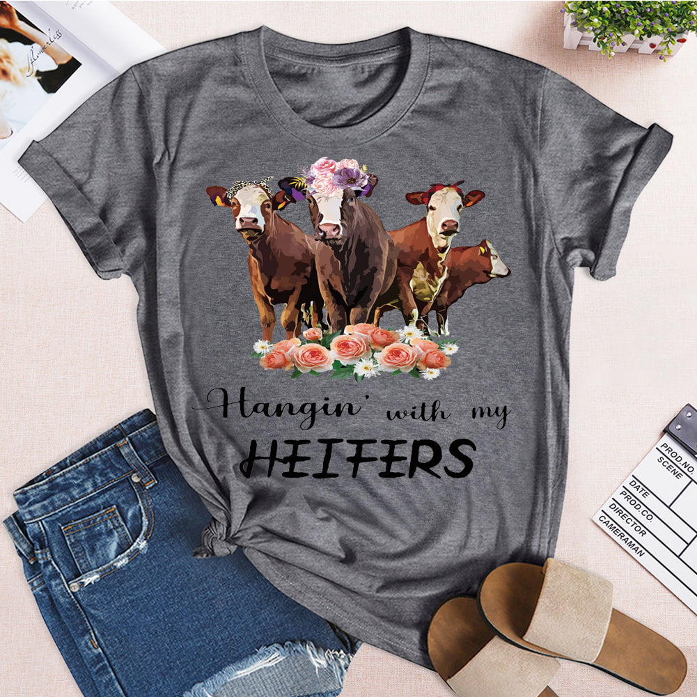 LoyGkgas Women Hanging With My Heifers Cow T-Shirt Tee-Dark Grey-Xl ...