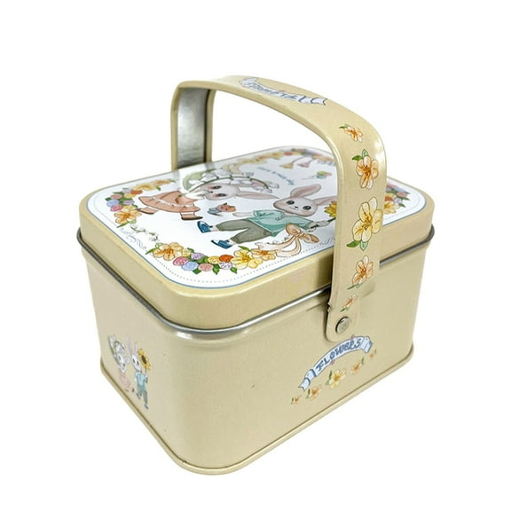 Mini Easter Basket Tin Box with Handle (Style B), Clearance, Vintage Rabbit Metal Picnic Case for Treats, Reusable Decorative Storage Gift Box