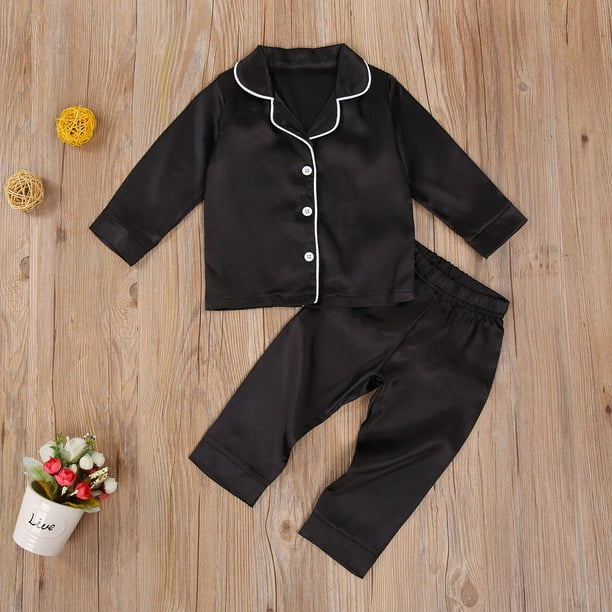 Toddler Baby Black Satin Pajamas, Infant Boy Short/Long Sleeve Short/Long  Pants Sleepwear, Casual Button Two-pieces Set 