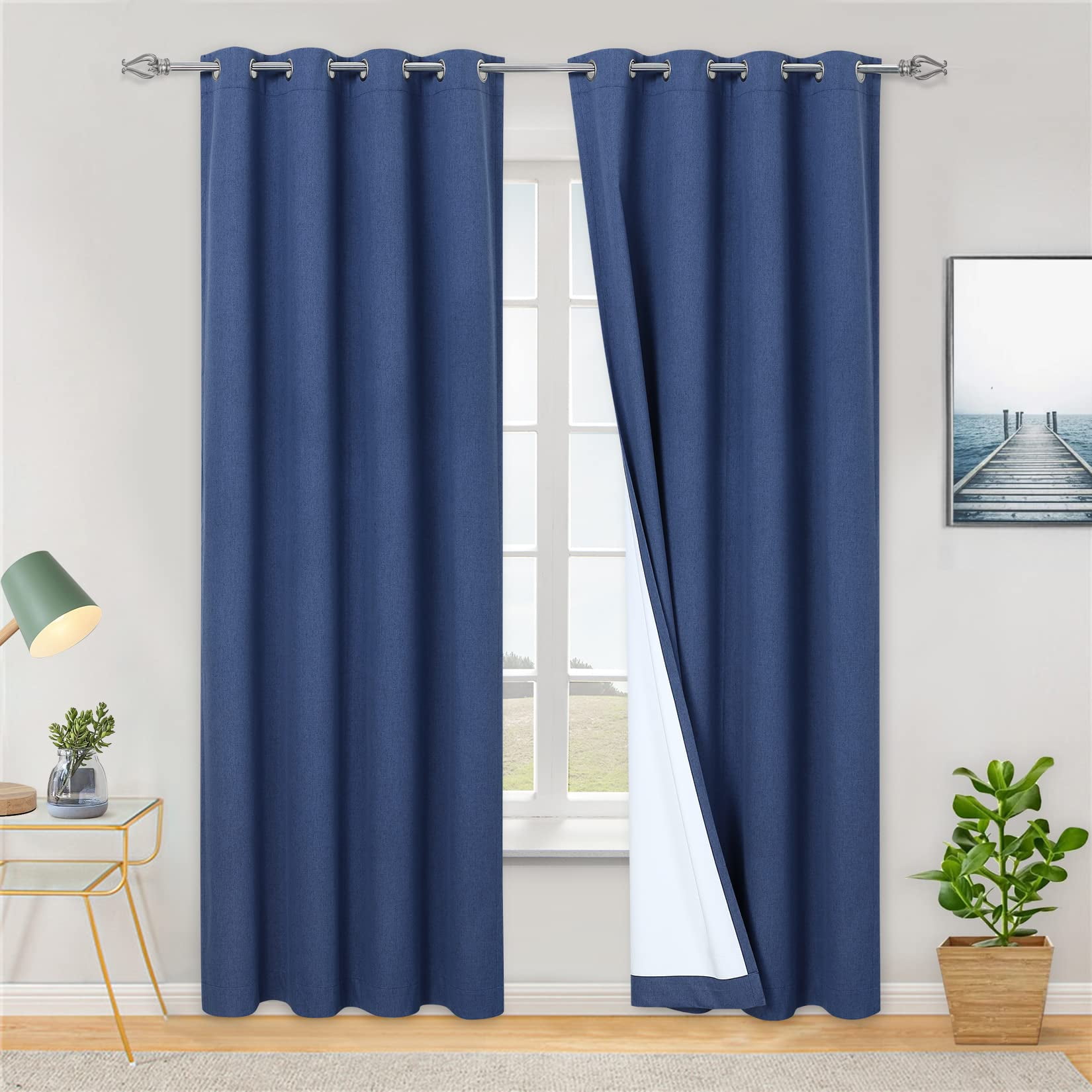 Shininglove Blackout Blue Curtains for Bedroom, Grommet Room Darkening