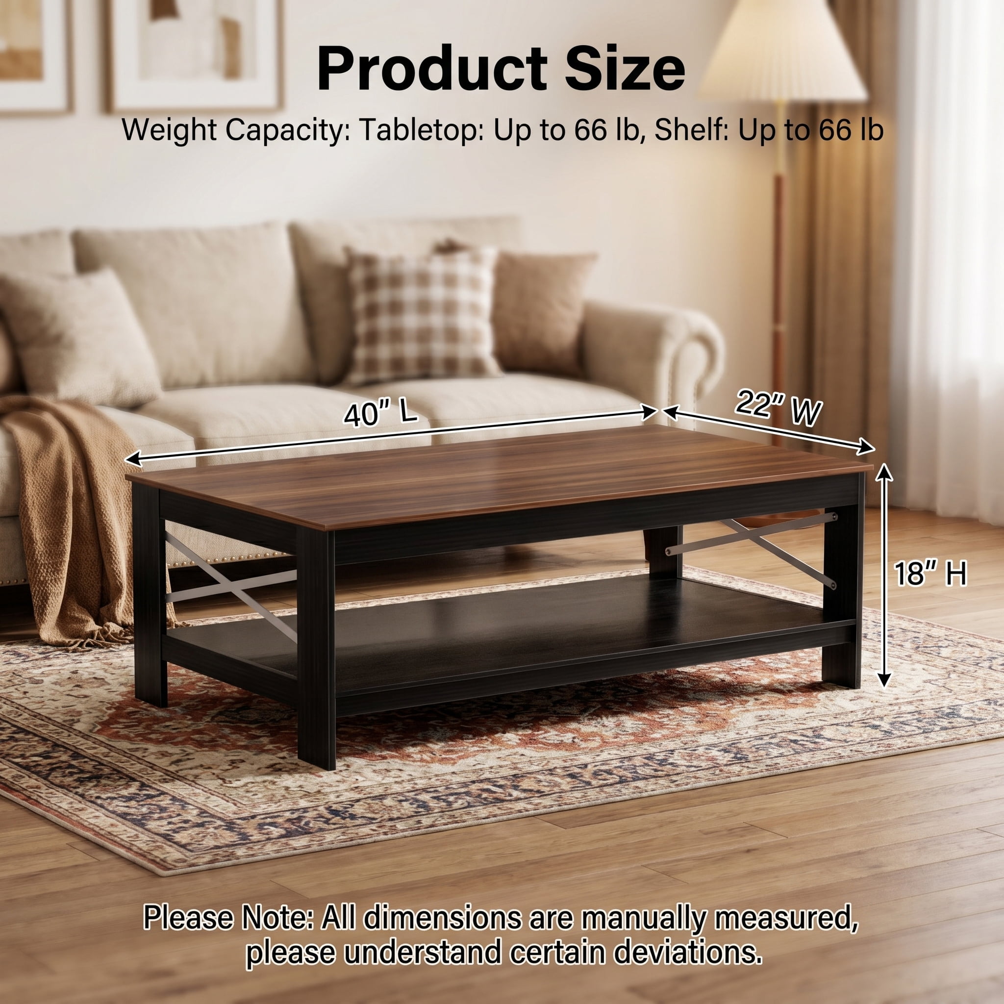 BEAUTYPEAK 40"x22" Coffee Table with Storage Shelves Rectangular Living Room Center Table, Walnut