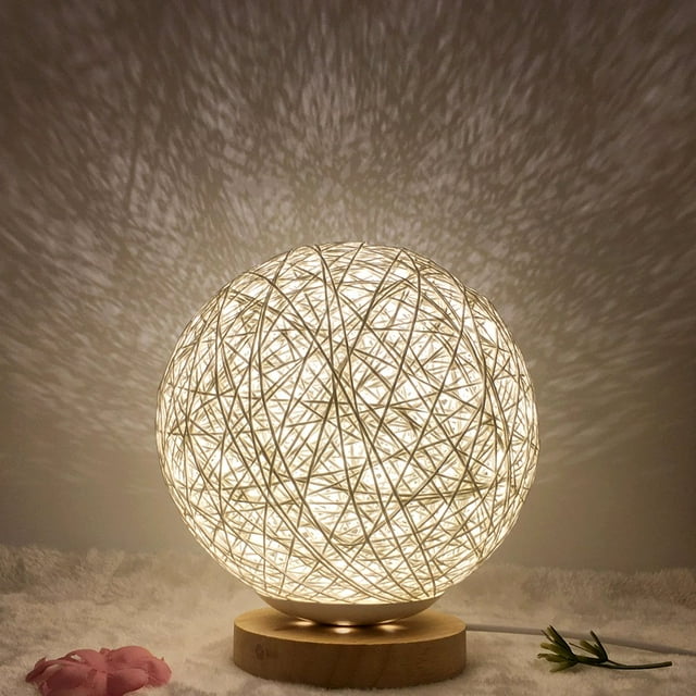 AMERTEER Rattan Bedside Lamp Ball Wood Rattan LED Table Lamp Decorative Bedside Lamp for Bedroom Decor Mood Light