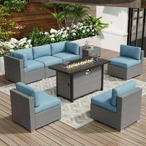 SOLAURA 8-Piece Outdoor Patio Furniture Sofa Set with 45-inch Propane Gas Fire Pit Table, Grey Rattan Wicker 6-Seater Sectional Conversation Set with Coffee Table, for Patios and Gardens (Light Blue)