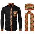 thumbnail image 3 of Conjunto de disfraz con patrón kente africano de 3 piezas con camisa abotonada, sombrero Kufi, bufanda, estola, faja, traje para fiesta del Mes de la Historia Negra, 3 of 5