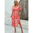 thumbnail image 2 of Anbech Women V Neck Sundress Flower Flowy High Waist Dress Lantern Sleeve Ladies Midi Dress, 2 of 9
