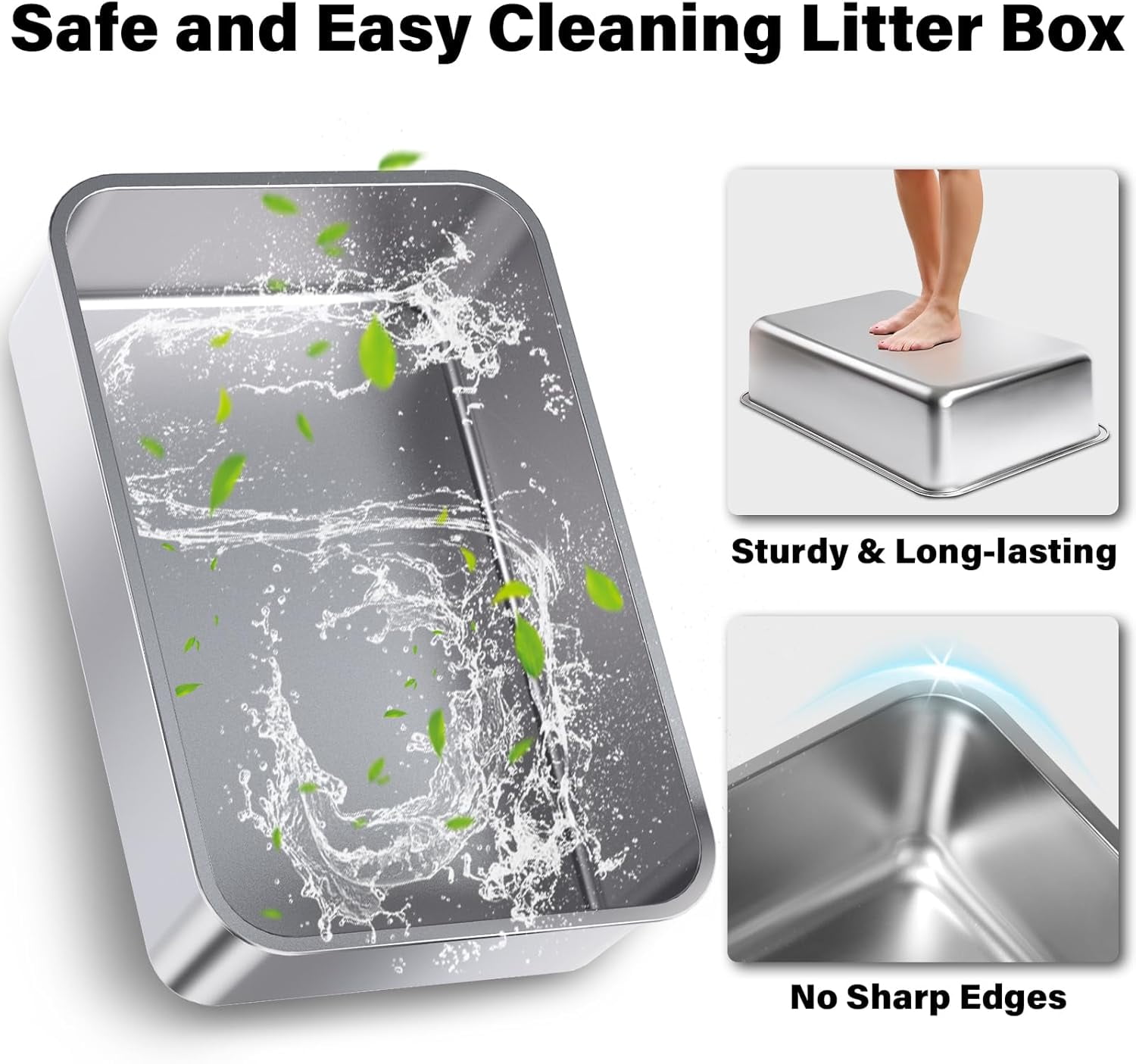 Extra Large Stainless Steel Litter Box with Lid, High Sided Design Includes Mat and Scooper, Easy Clean Non-Stick Odor Control